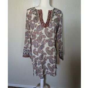 East Artisan Boho Paisley Tunic Top Womens 14 V-Neck Cotton Bohemian Hippie Chic